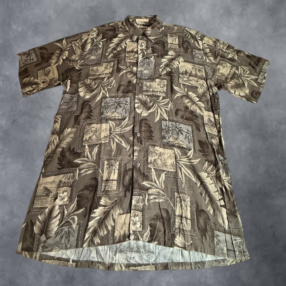 Campia Moda Mens Large Brown Tropical Island Print Rayon Short Sleeve Button Up